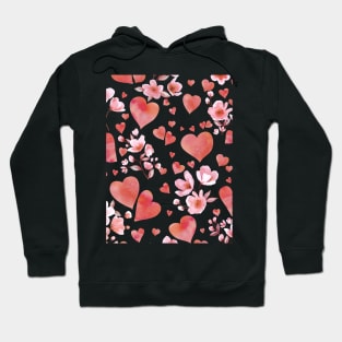 Hearts and Cherry blossom flowers watercolor print. Pink romantic valentine composition. Spring Sakura blossom Hoodie